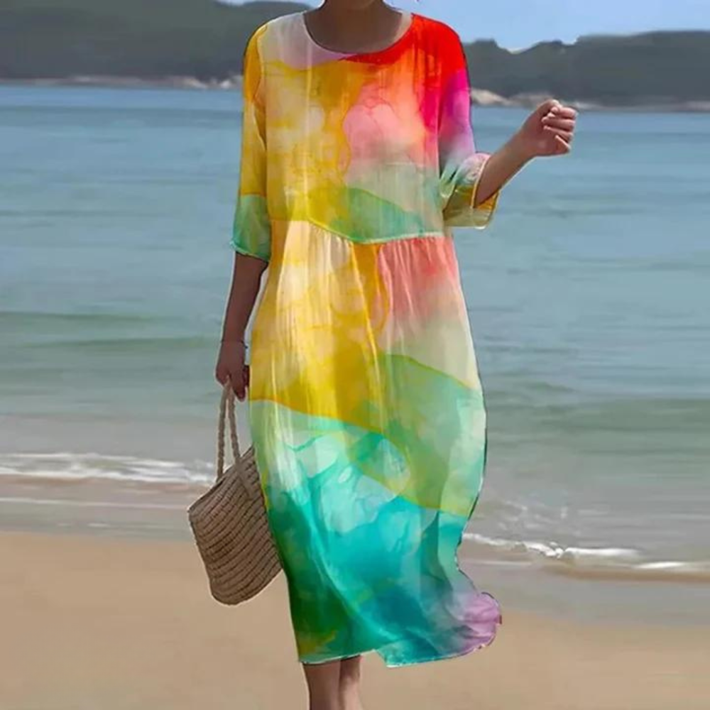 Vestido veraniego holgado con cuello redondo y corte fluido – PORELIA