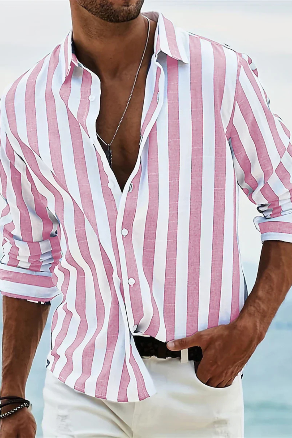 BRUNO – Camisa casual de lino a rayas para hombre