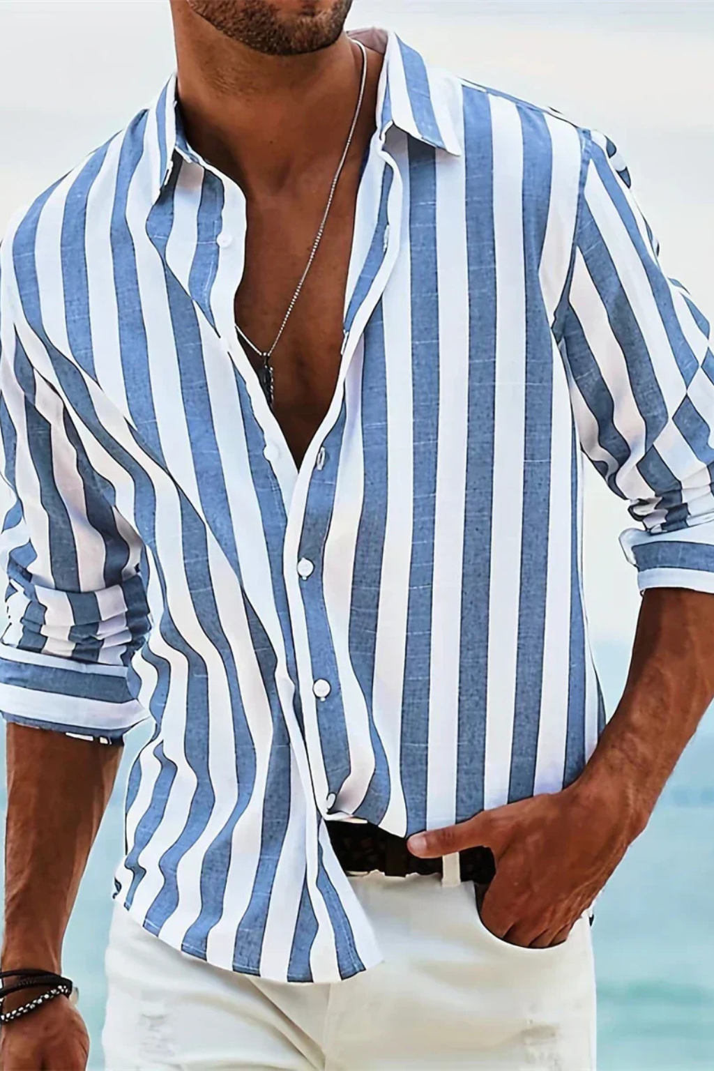 BRUNO – Camisa casual de lino a rayas para hombre