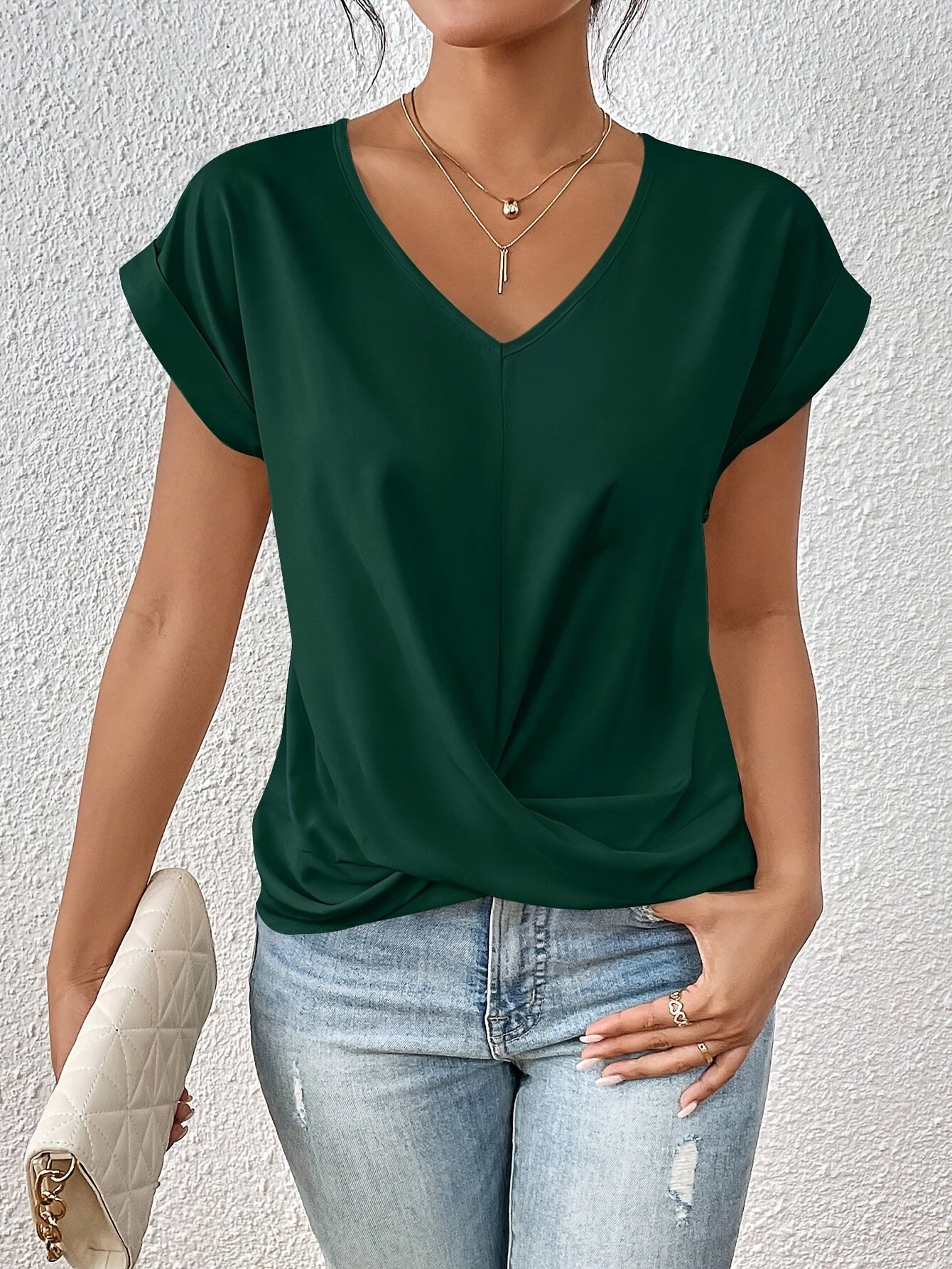 Blusa con escote en V y drapeado cruzado para mujer – NARELIA