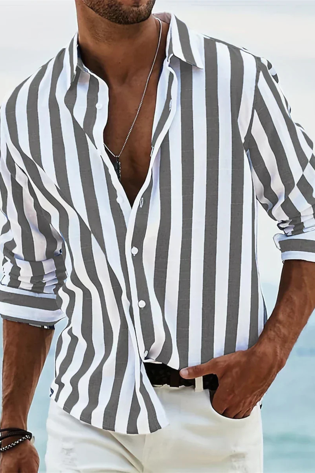 BRUNO – Camisa casual de lino a rayas para hombre