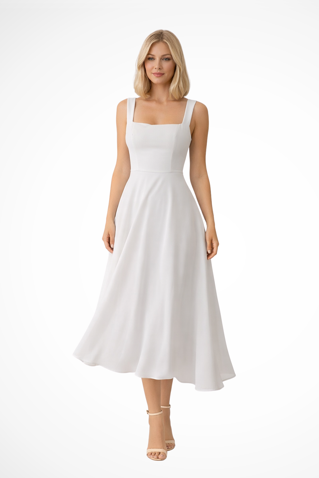 VALERIA – Vestido midi de invitada con escote cuadrado elegante para mujer