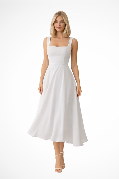 VALERIA – Vestido midi de invitada con escote cuadrado elegante para mujer