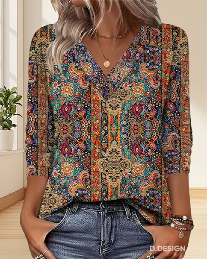 Marina – Blusa retro con estampado y escote en V para mujer
