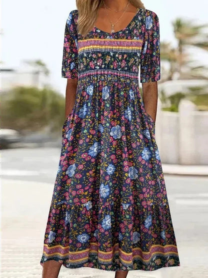 ARIELA – Vestido midi bohemio con escote cuadrado y mangas cortas para mujer