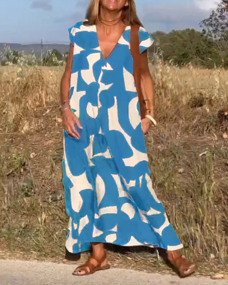 Vestido amplio con estampado gráfico y escote en V para mujer – MAËRYS