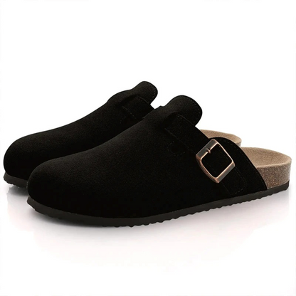Sandalias tipo zueco en ante rosa con tacón cómodo – SUMARIA