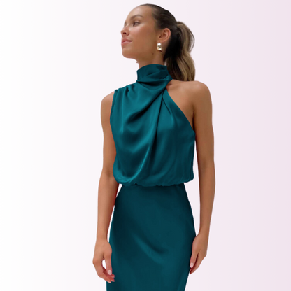 FIONA – Vestido de noche elegante para mujer con hombros descubiertos y cuello alto