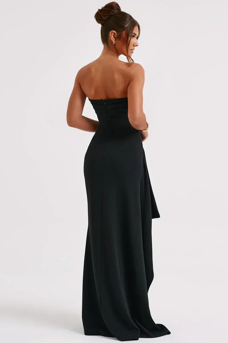 Estrella – Vestido maxi elegante sin tirantes con fruncido y abertura alta para mujer
