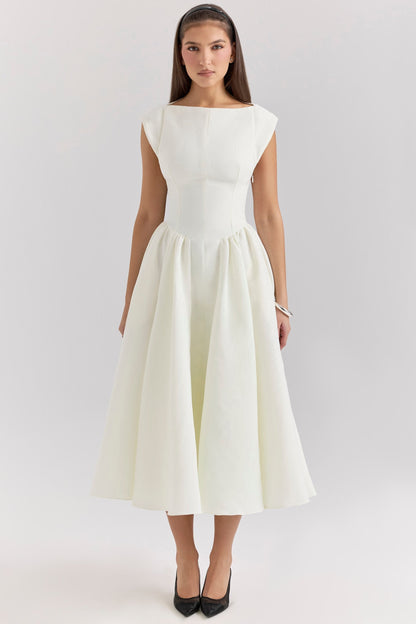 Elara – Vestido midi sin mangas con espalda descubierta y corte en línea A para mujer
