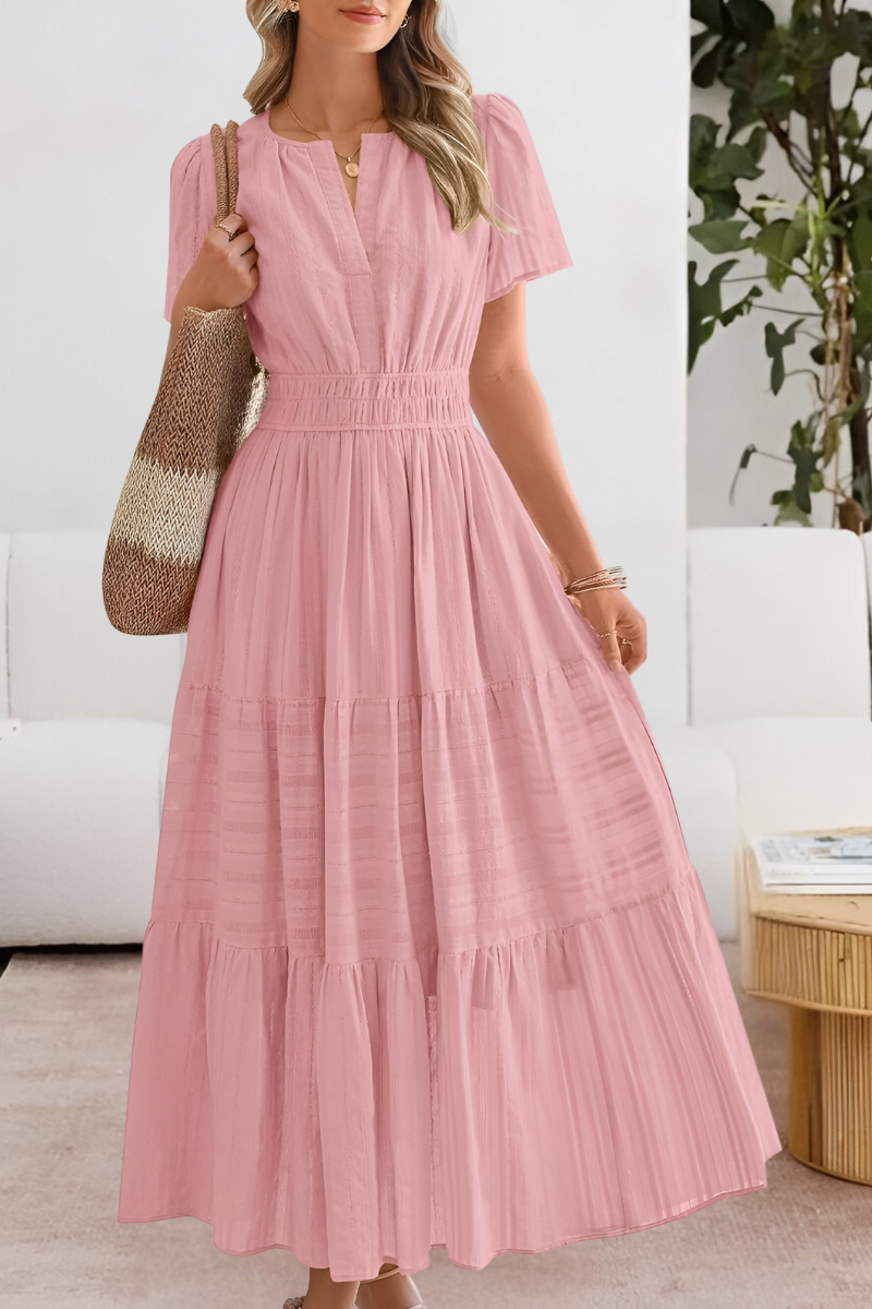 Elena – Vestido maxi con cintura fruncida y mangas cortas para mujer