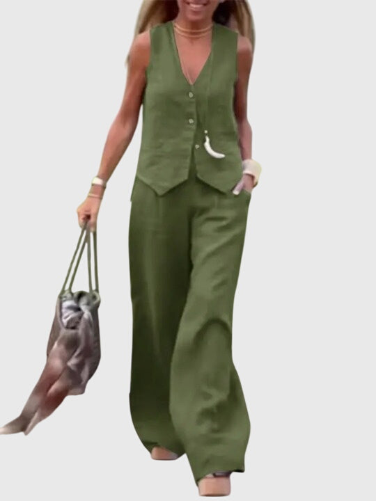 Amara – Conjunto elegante de dos piezas con pantalón fluido y chaleco estructurado para mujer