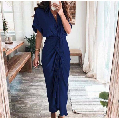 Marina – Vestido largo de satén con drapeado y lazo en la cintura para mujer