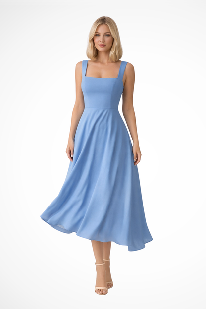 VALERIA – Vestido midi de invitada con escote cuadrado elegante para mujer