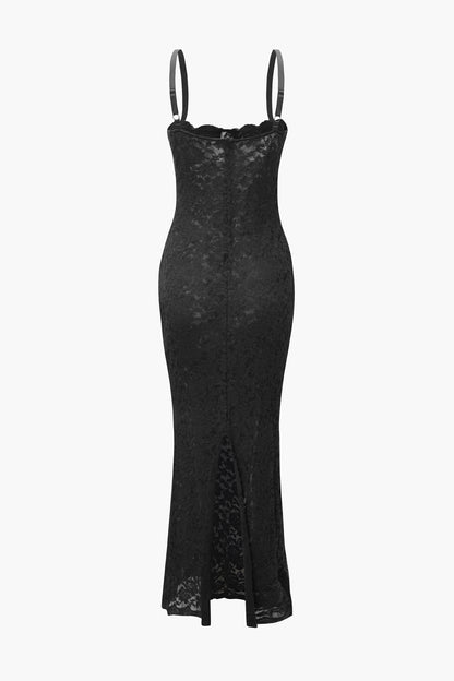 Celestina – Vestido largo de encaje con detalle semitransparente para mujer