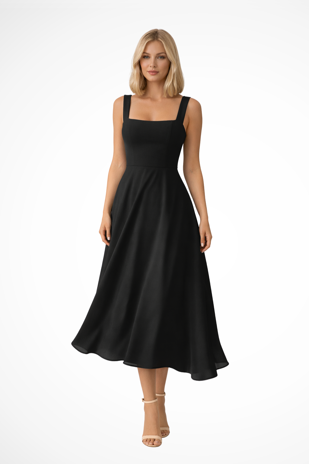 VALERIA – Vestido midi de invitada con escote cuadrado elegante para mujer