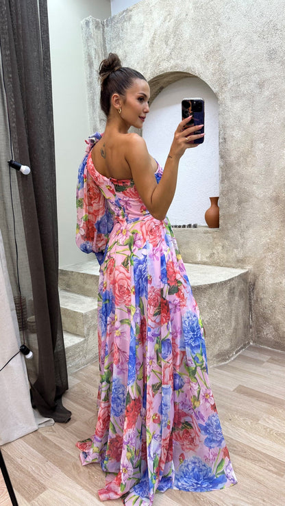 Florencia – Vestido maxi de verano con un hombro descubierto y estampado floral para mujer