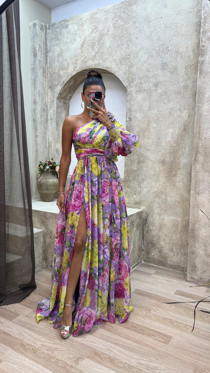Florencia – Vestido maxi de verano con un hombro descubierto y estampado floral para mujer
