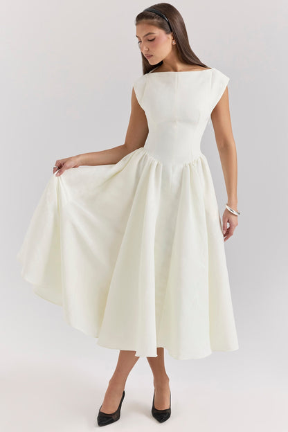 Elara – Vestido midi sin mangas con espalda descubierta y corte en línea A para mujer