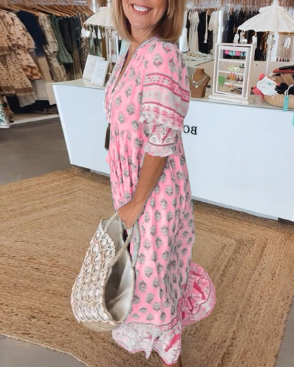 FIORELLA – Vestido midi bohemio con estampado y lazos de flecos para mujer