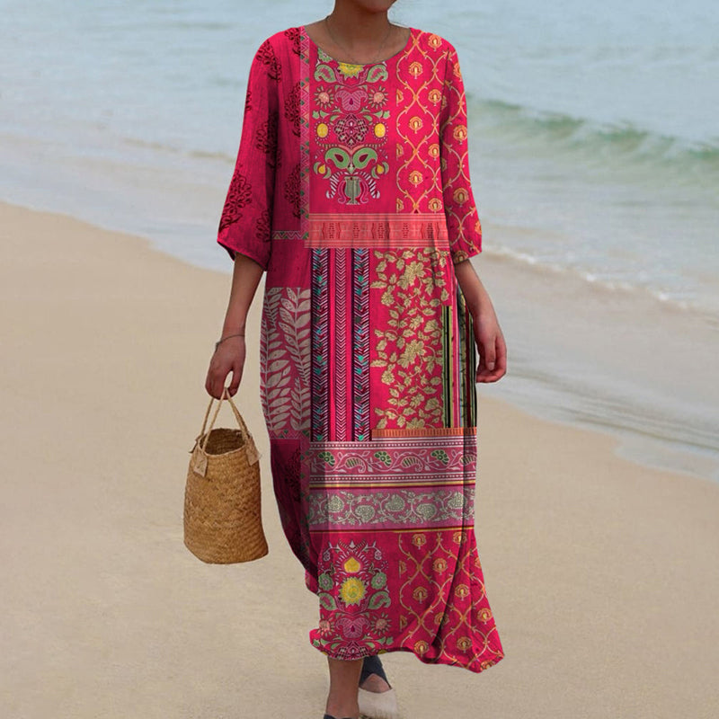 ISADORA – Vestido maxi bohemio con diseño y mangas tres cuartos para mujer