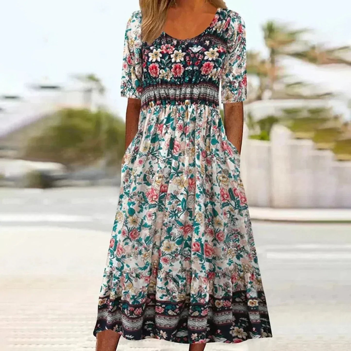 ARIELA – Vestido midi bohemio con escote cuadrado y mangas cortas para mujer