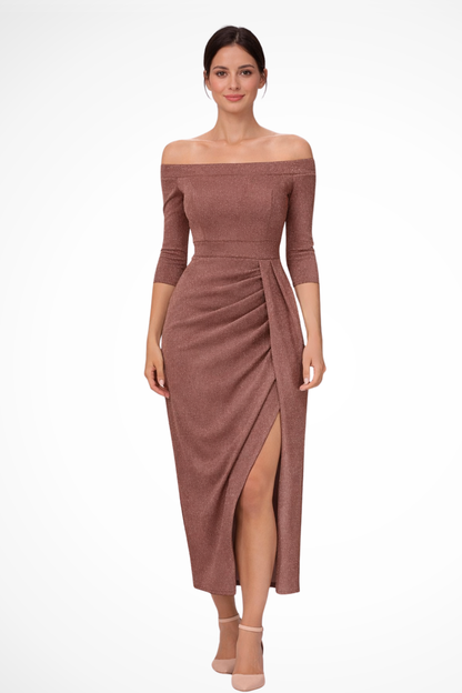 ARIELLE – Vestido midi de invitada hombros descubiertos con fruncido y abertura frontal