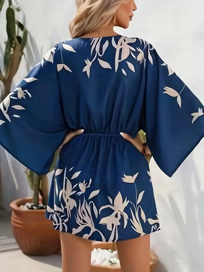Camila – Vestido mini con estampado floral, escote en V y mangas largas para mujer