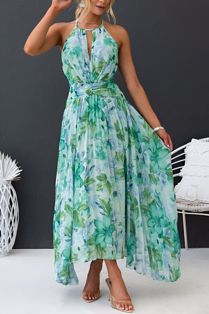 Florencia – Vestido maxi con pliegues y estampado floral para mujer
