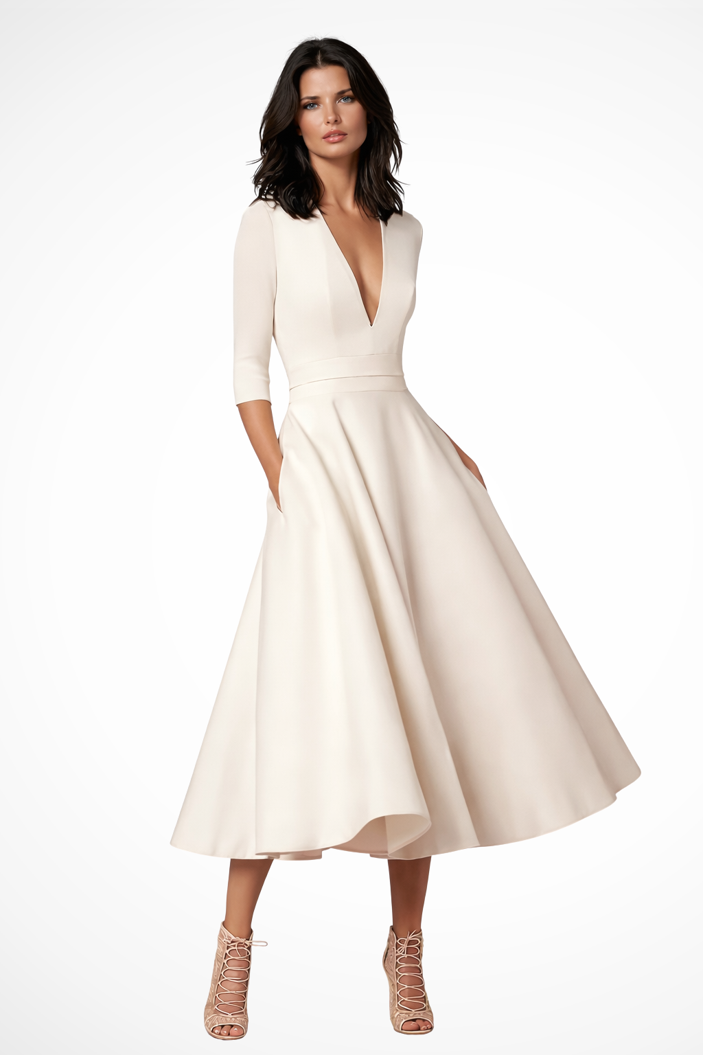 ELARIA – Vestido midi de invitada con escote en V y falda evasé para mujer