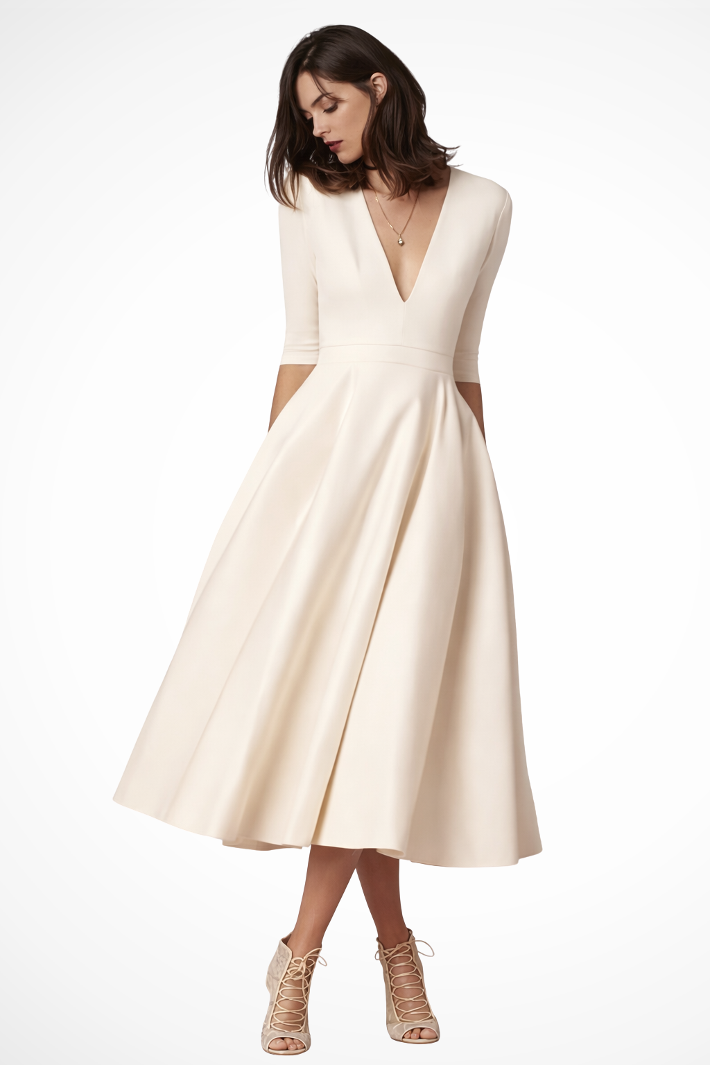 ELARIA – Vestido midi de invitada con escote en V y falda evasé para mujer