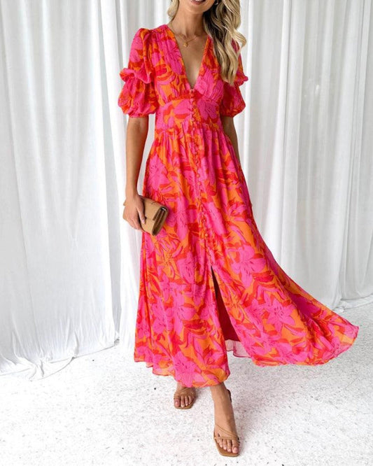 Vestido corto de verano con escote en V y mangas abullonadas – LUNÉA
