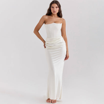 Serenata – Vestido maxi bodycon sin tirantes con fruncido para mujer