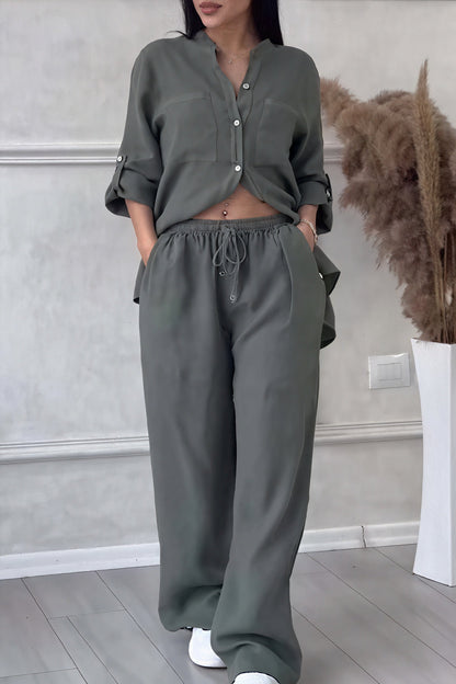 Ava – Conjunto casual de dos piezas con camisa de botones y pantalones de pierna ancha para mujer