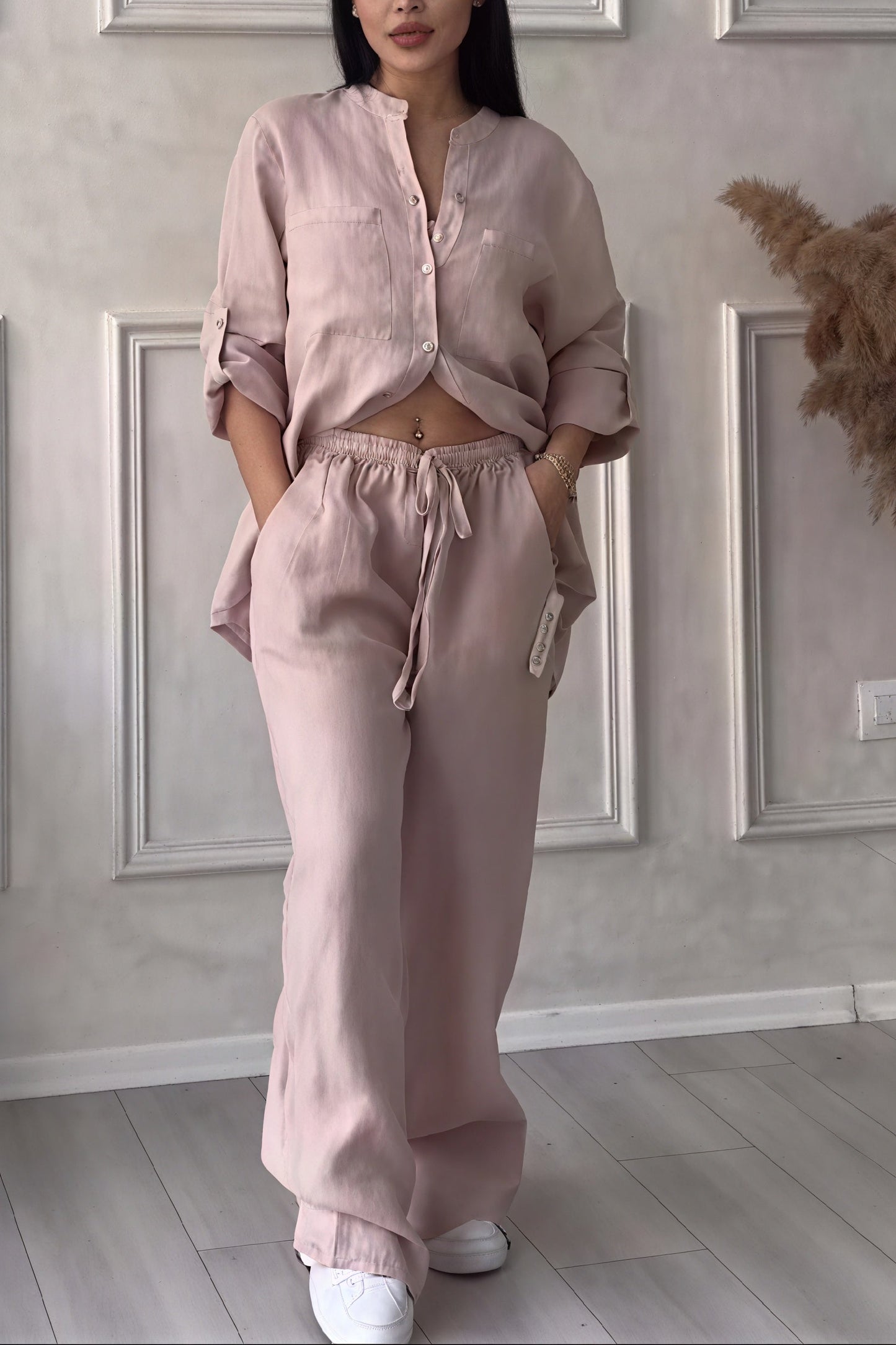 Ava – Conjunto casual de dos piezas con camisa de botones y pantalones de pierna ancha para mujer