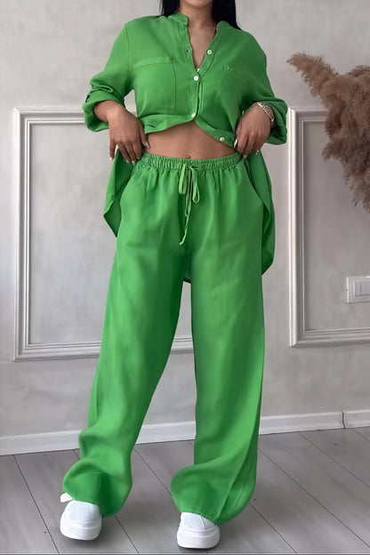 Ava – Conjunto casual de dos piezas con camisa de botones y pantalones de pierna ancha para mujer