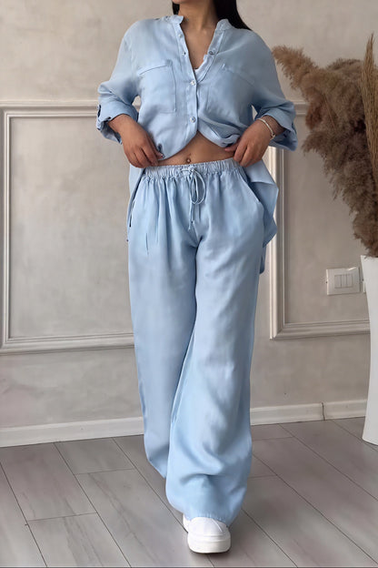 Ava – Conjunto casual de dos piezas con camisa de botones y pantalones de pierna ancha para mujer