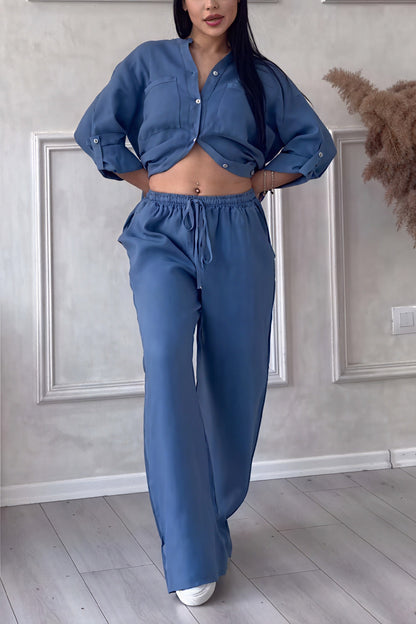 Ava – Conjunto casual de dos piezas con camisa de botones y pantalones de pierna ancha para mujer