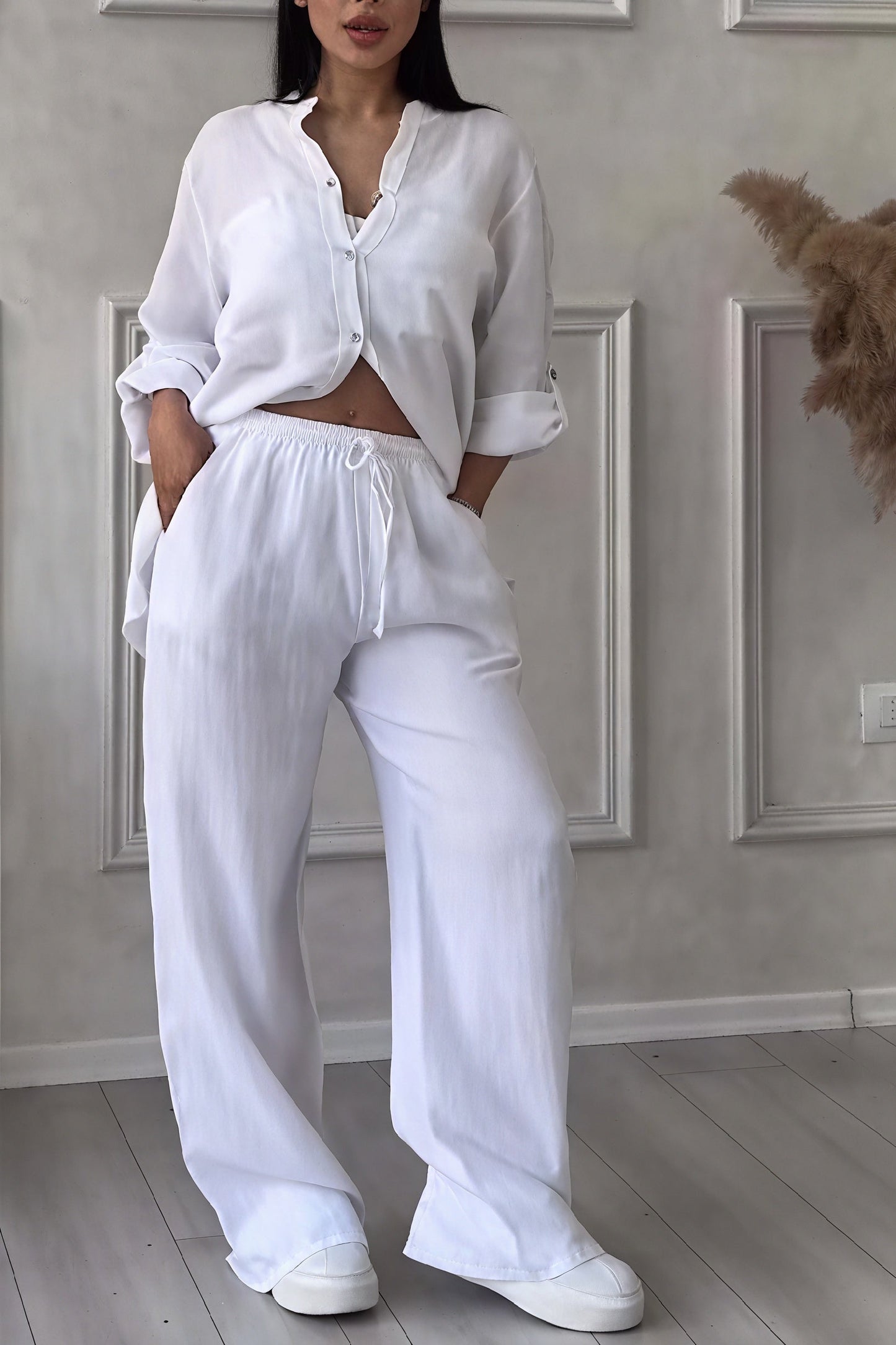 Ava – Conjunto casual de dos piezas con camisa de botones y pantalones de pierna ancha para mujer