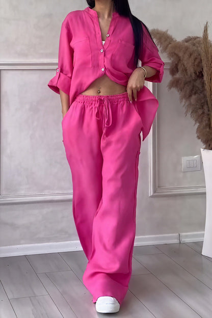 Ava – Conjunto casual de dos piezas con camisa de botones y pantalones de pierna ancha para mujer