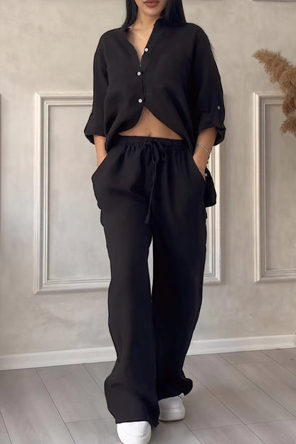 Ava – Conjunto casual de dos piezas con camisa de botones y pantalones de pierna ancha para mujer