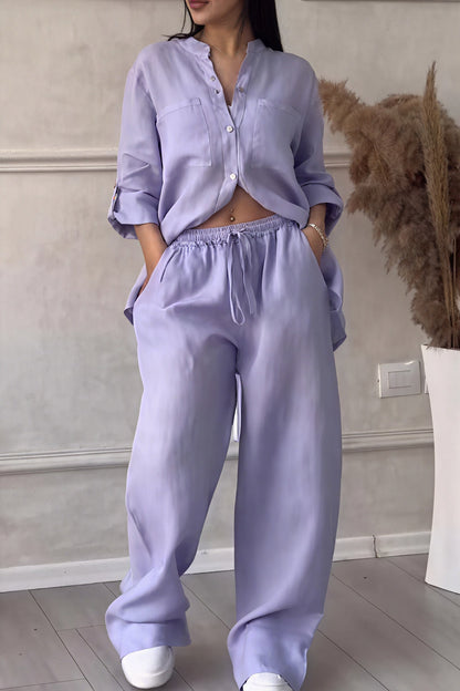 Ava – Conjunto casual de dos piezas con camisa de botones y pantalones de pierna ancha para mujer