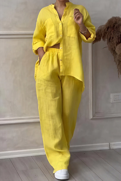 Ava – Conjunto casual de dos piezas con camisa de botones y pantalones de pierna ancha para mujer