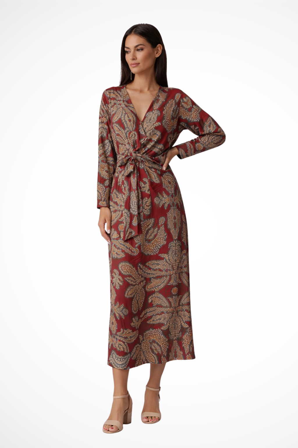 Aria – Vestido maxi elegante con cintura ajustable y manga larga para mujer