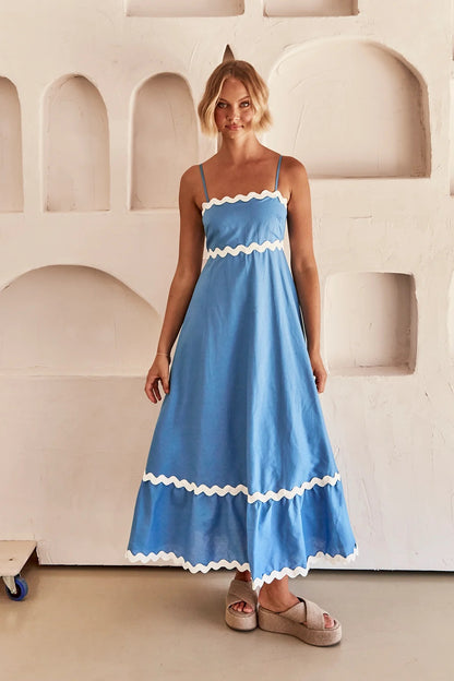 Mar - Vestido Largo de Tirantes Con Diseño de Ondas Color Combinado Playa Primavera Verano Para Mujer Azul Claro