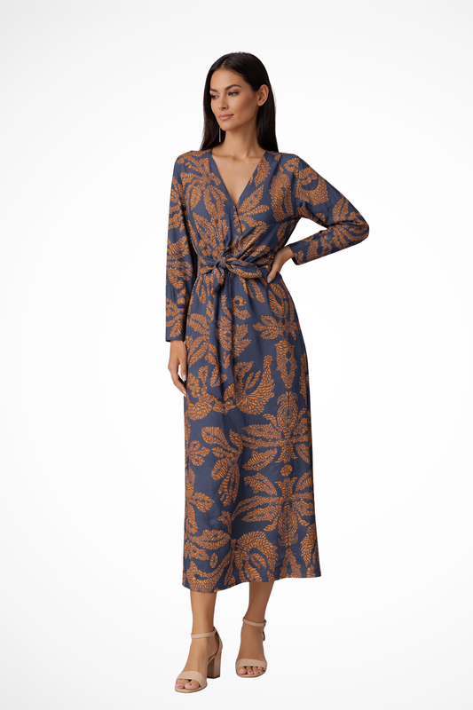 Aria – Vestido maxi elegante con cintura ajustable y manga larga para mujer