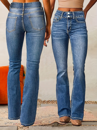 Vaqueros de talle alto acampanados para mujer con doble botón – CELIA