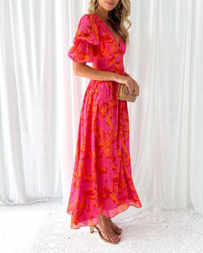 Eterna – Vestido de verano con escote en V y mangas abullonadas para mujer