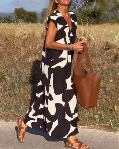 Vestido amplio con estampado gráfico y escote en V para mujer – MAËRYS