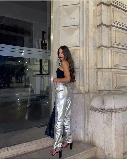 Riera - Pantalones de piel sintética plateados bota recta brillantes de cintura alta para mujer